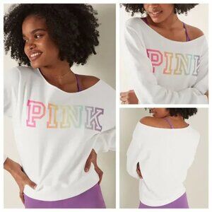 Vs Victorias Secret Pink Everyday Lounge Crop Crew Off-shoulder Sweat Rainbow M